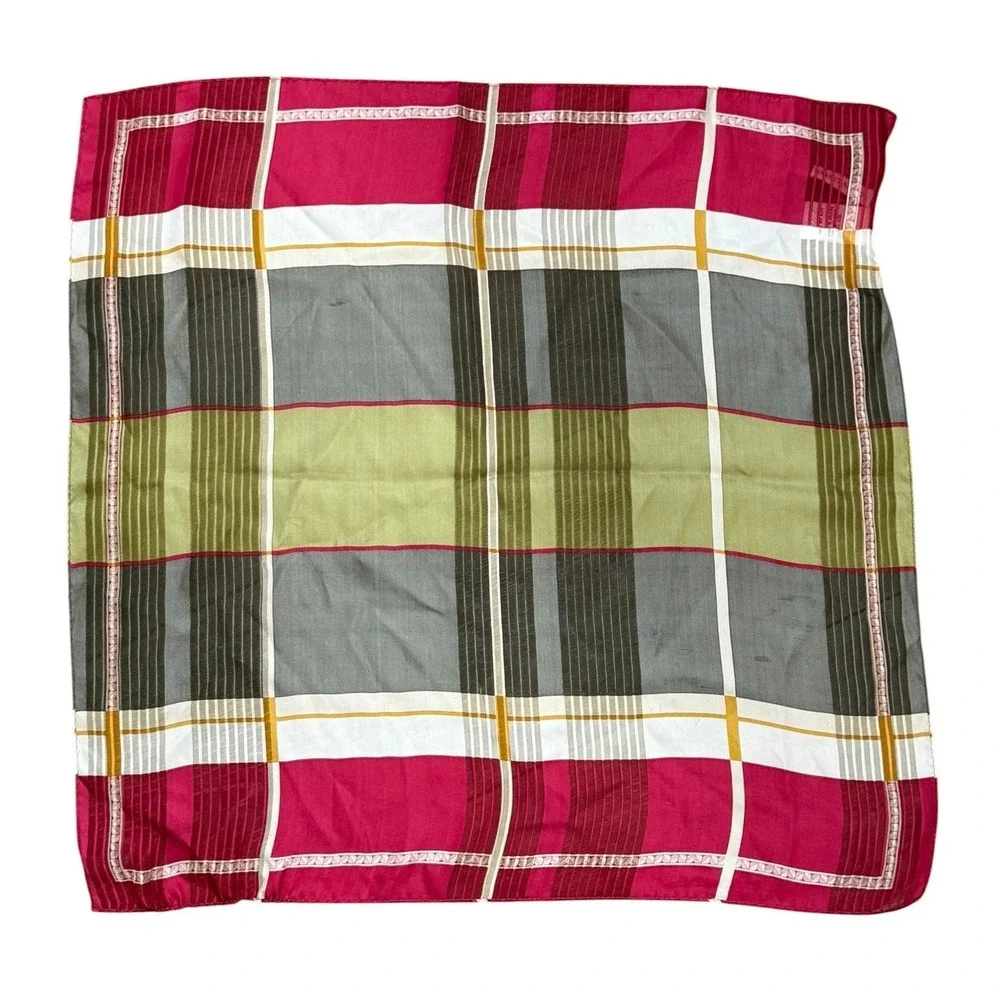 Vintage‎ Silk Plaid Square Scarf Red Black Olive Geometric Sheer Neck Wrap
